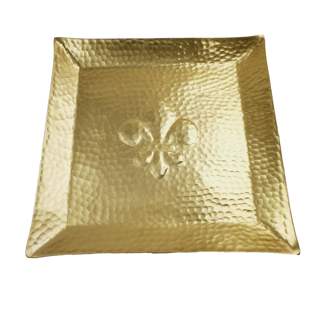 India Handicrafts Fleur De Lis Hammered Brass 10 x 10 Aluminum Serving Tray